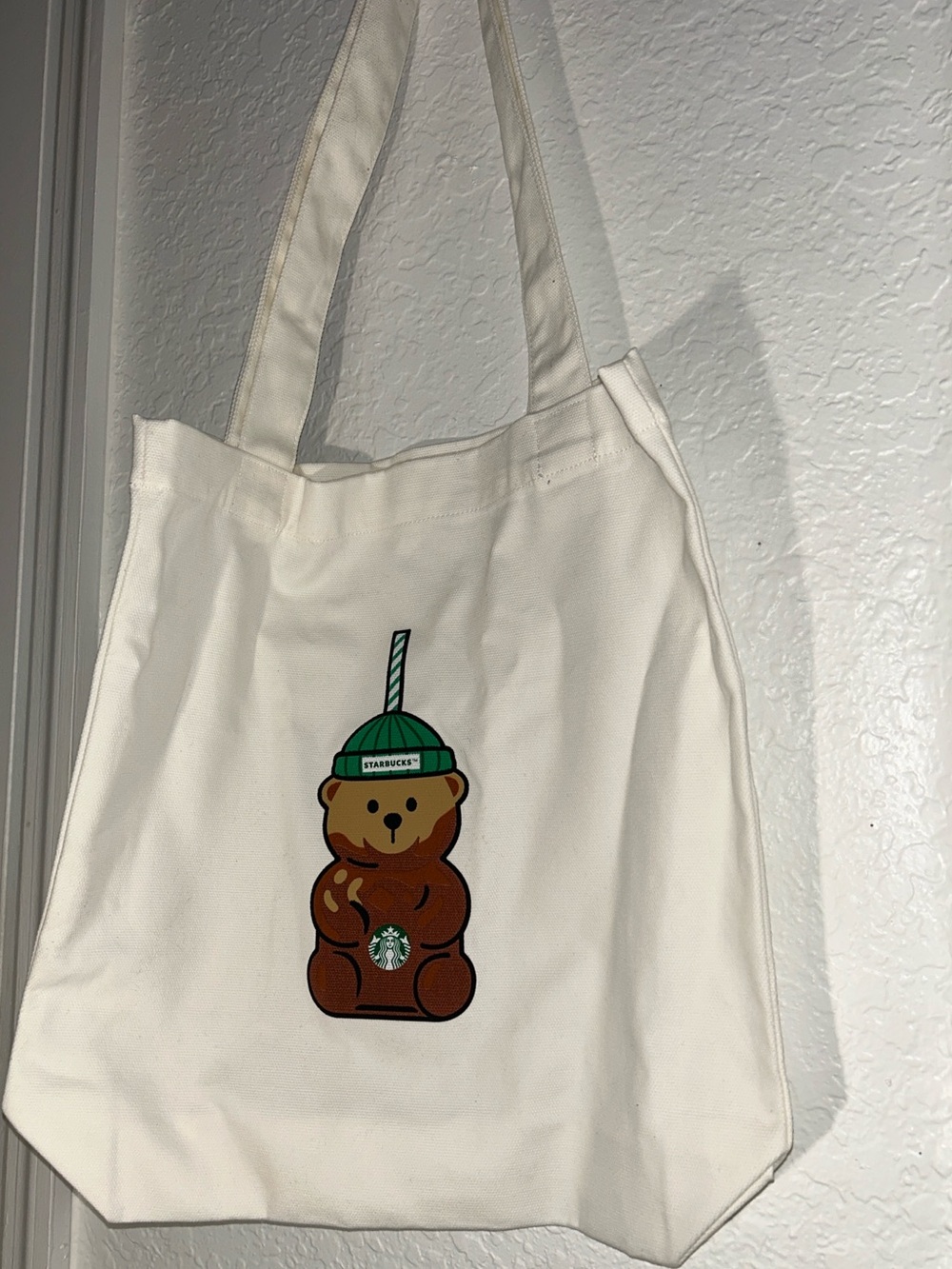 Starbucks Cream Canvas Tote with Brown Bear and Green Beanie